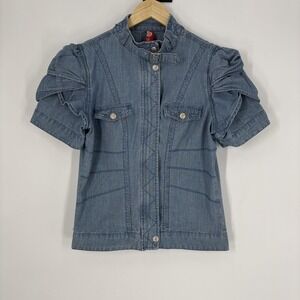 Apple Bottoms Shirt Womens XL Blue Puff Sleeve Button Up Chambray Top Smocked